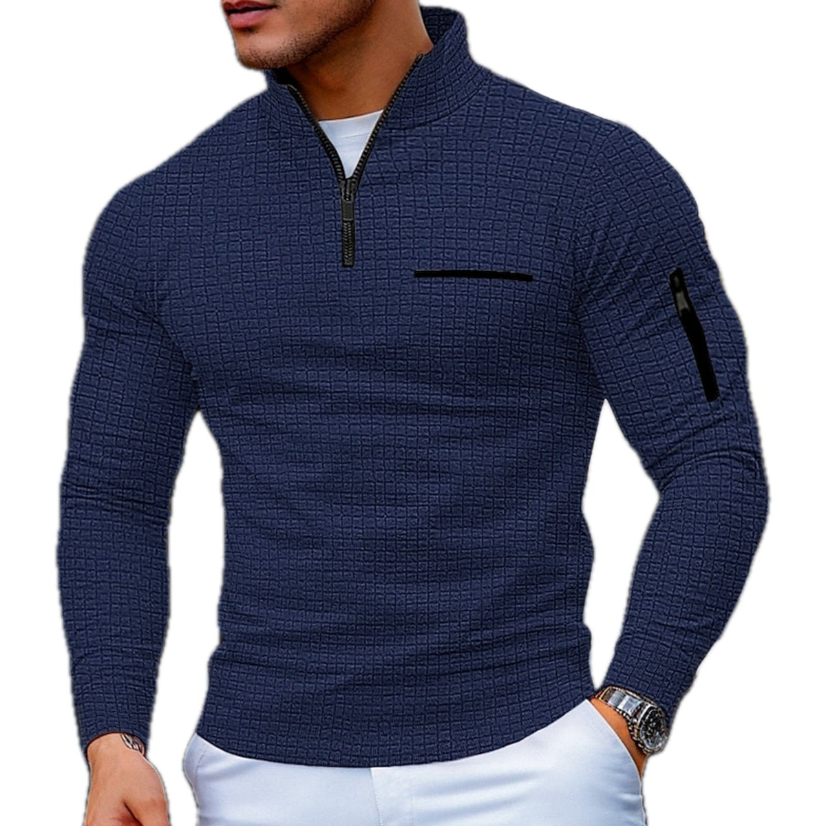 Arthur Sterling Textured Quarter-Zip Polo - Navy - view 1